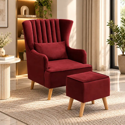 Maroon Wingback Sofa Lounge Chair with Footrest