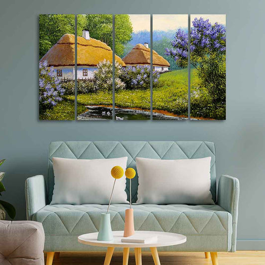 Huts in Old Village Canvas Wall Painting of Five Pieces