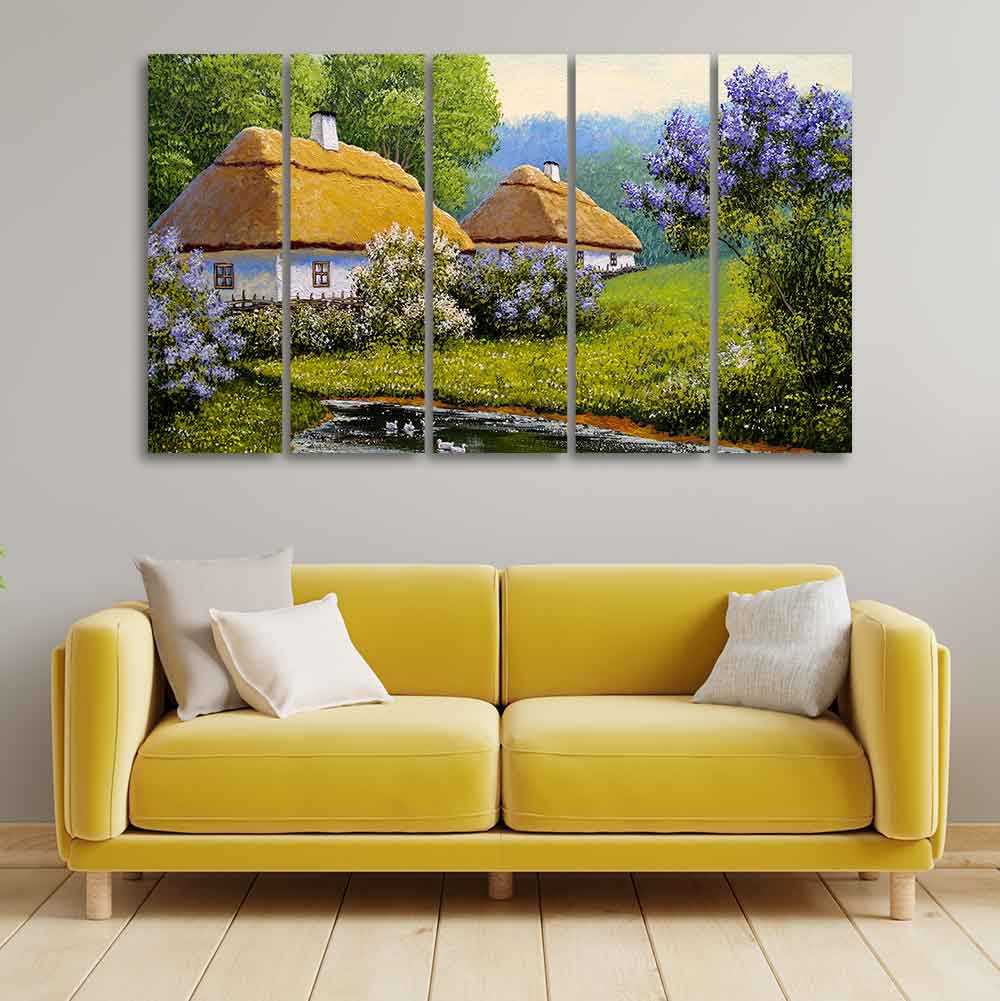 Huts in Old Village Canvas Wall Painting of Five Pieces