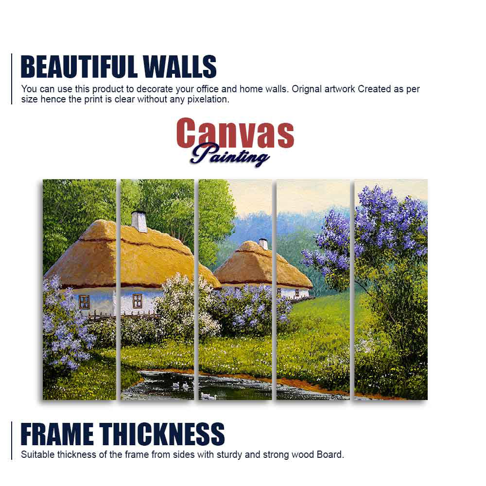 Huts in Old Village Canvas Wall Painting of Five Pieces