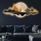 Illuminated Gold & Black Mountain & Full Moon Crystal Glass Backlit LED Painting