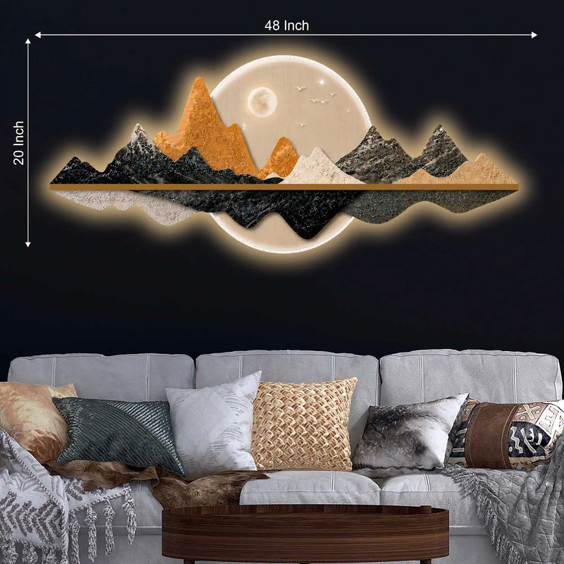 Illuminated Gold & Black Mountain & Full Moon Crystal Glass Backlit LED Painting