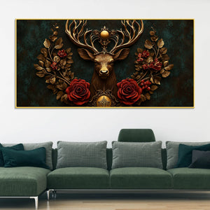 Imperial Stag with Regal Antlers & Crimson Roses 3D Canvas Wall Painting