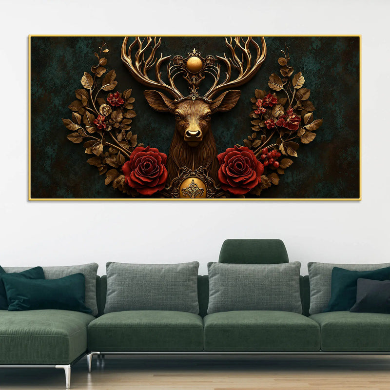 Imperial Stag with Regal Antlers & Crimson Roses 3D Canvas Wall Painting