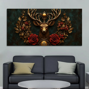 Imperial Stag with Regal Antlers & Crimson Roses 3D Canvas Wall Painting