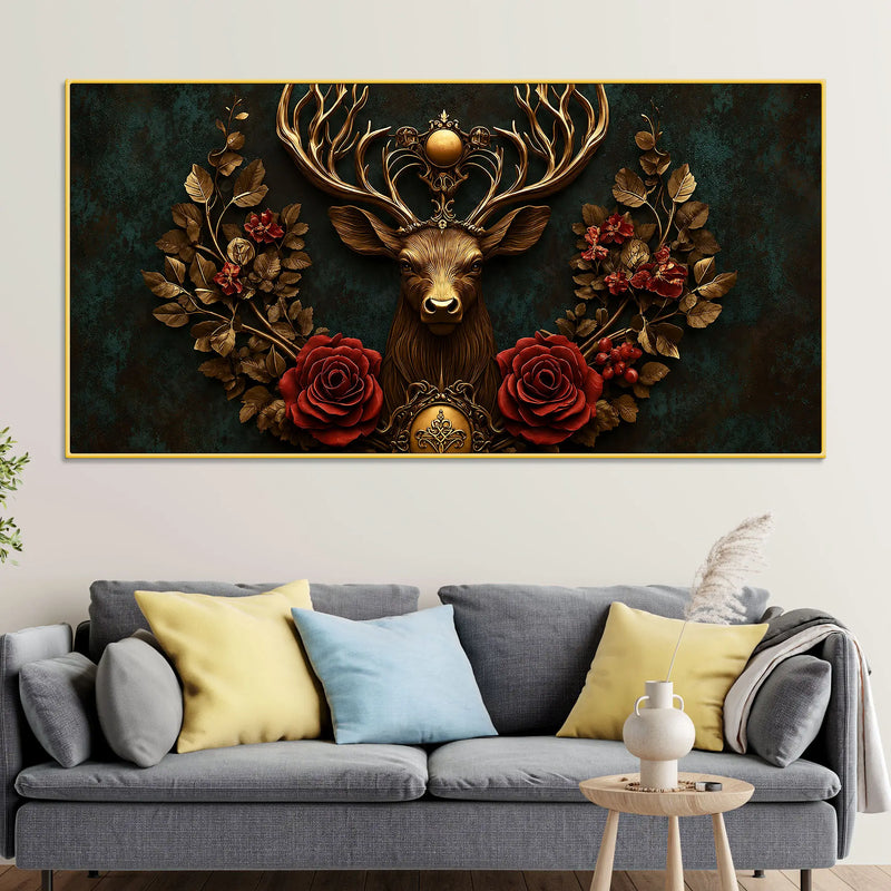 Imperial Stag with Regal Antlers & Crimson Roses 3D Canvas Wall Painting