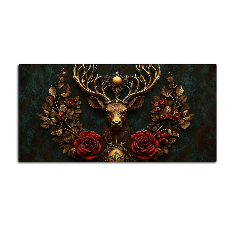 Imperial Stag with Regal Antlers & Crimson Roses 3D Canvas Wall Painting