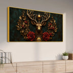 Imperial Stag with Regal Antlers & Crimson Roses 3D Canvas Wall Painting