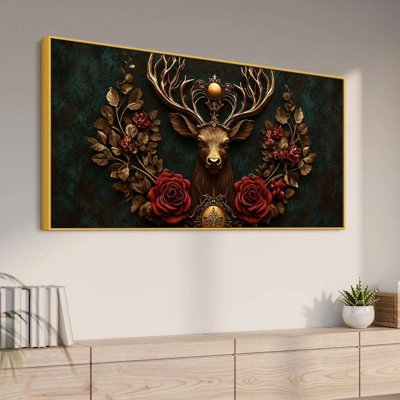 Imperial Stag with Regal Antlers & Crimson Roses 3D Canvas Wall Painting