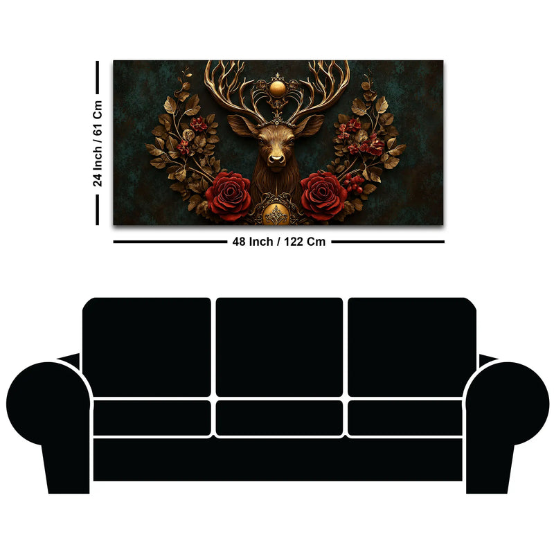 Imperial Stag with Regal Antlers & Crimson Roses 3D Canvas Wall Painting