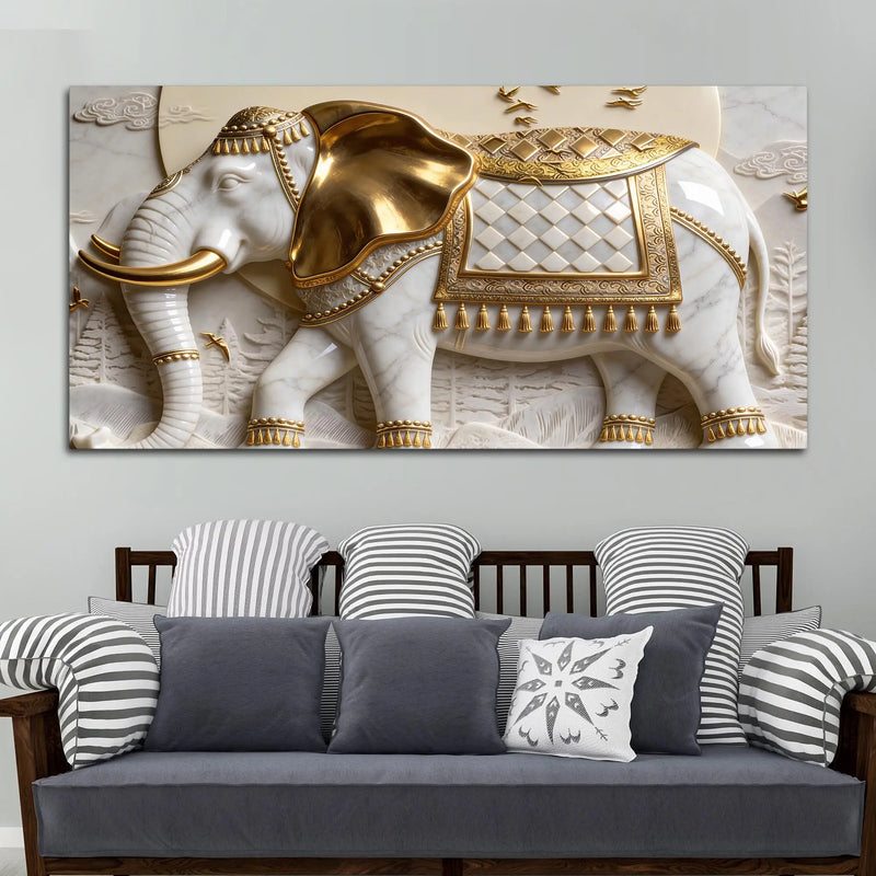Imperial White Elephant with Golden Armor 3D Canvas Wall Painting
