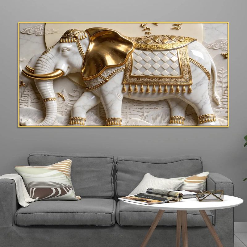 Imperial White Elephant with Golden Armor 3D Canvas Wall Painting