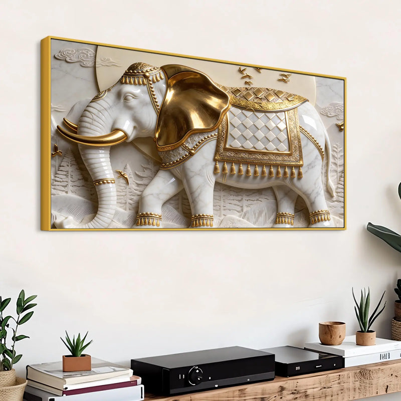 Imperial White Elephant with Golden Armor 3D Canvas Wall Painting