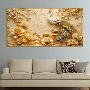 Imperial White Peacock and Blooming Floral 3D Canvas Wall Painting