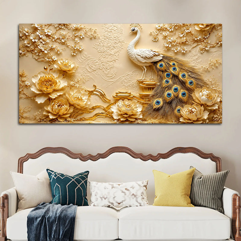 Imperial White Peacock and Blooming Floral 3D Canvas Wall Painting
