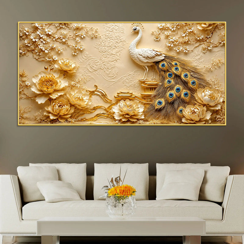 Imperial White Peacock and Blooming Floral 3D Canvas Wall Painting