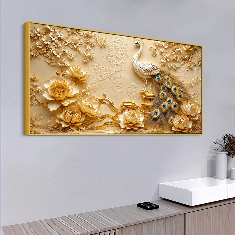 Imperial White Peacock and Blooming Floral 3D Canvas Wall Painting