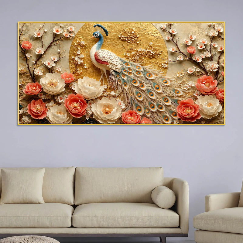 Imperial White Peacock in Blooming Floral Garden 3D Canvas Wall Painting
