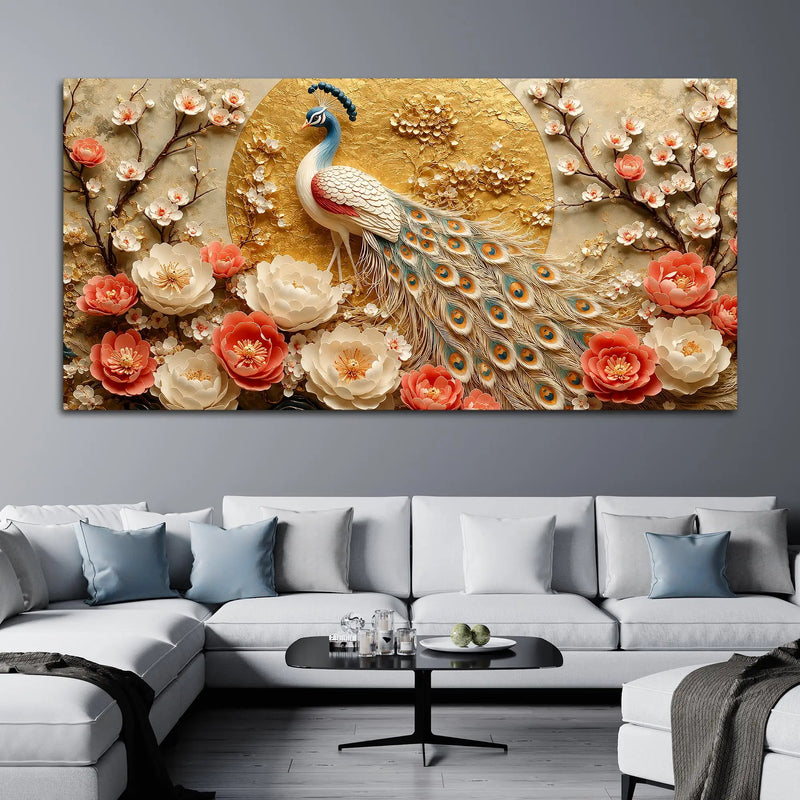 Imperial White Peacock in Blooming Floral Garden 3D Canvas Wall Painting