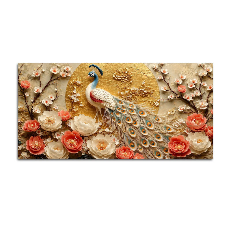 Imperial White Peacock in Blooming Floral Garden 3D Canvas Wall Painting