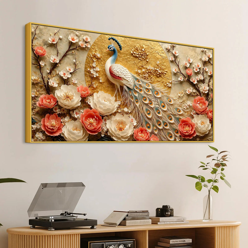 Imperial White Peacock in Blooming Floral Garden 3D Canvas Wall Painting