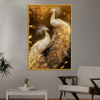 Imperial White Peacock Pair Floating Frame Crystal Wall Painting