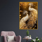 Imperial White Peacock Pair Floating Frame Crystal Wall Painting