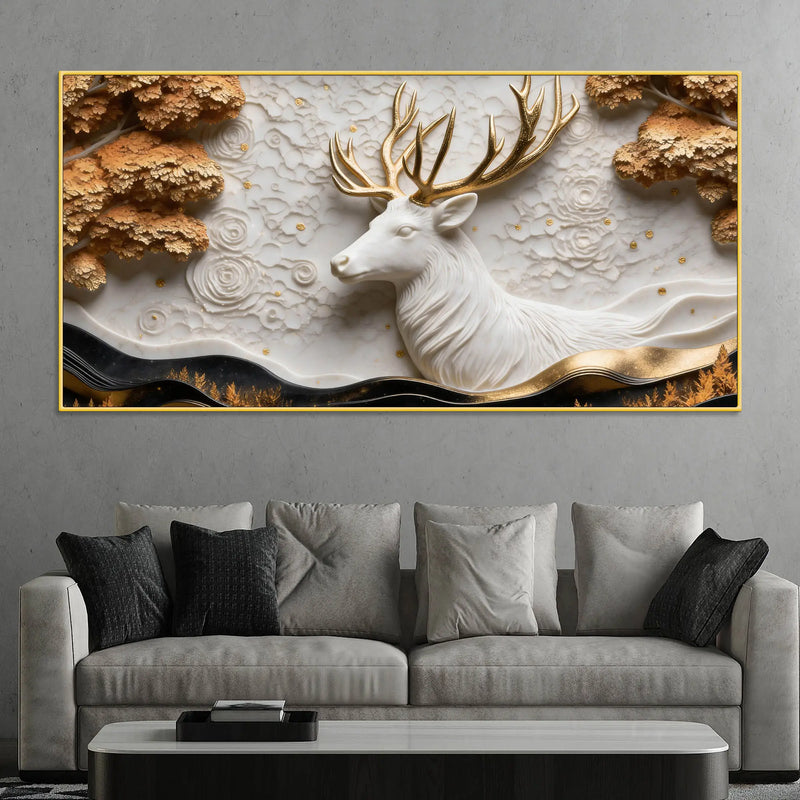 Imperial White Stag with Golden Antlers 3D Canvas Wall Painting