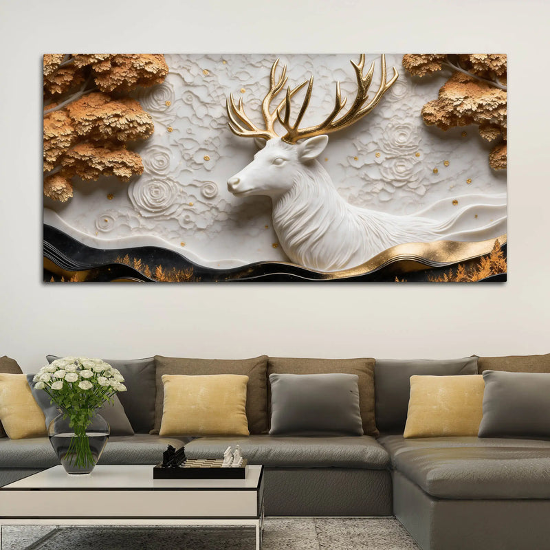 Imperial White Stag with Golden Antlers 3D Canvas Wall Painting