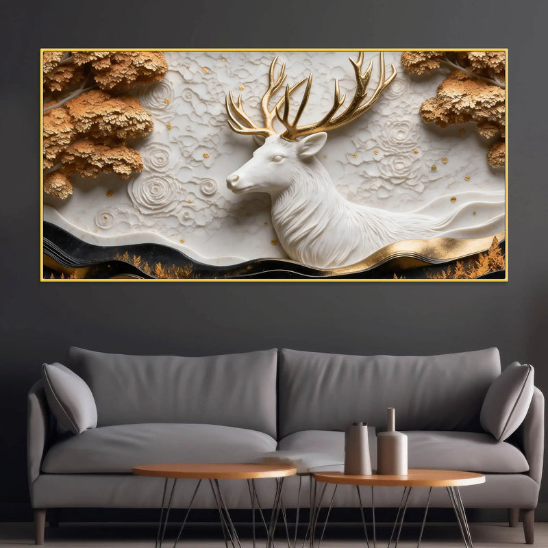 Imperial White Stag with Golden Antlers 3D Canvas Wall Painting