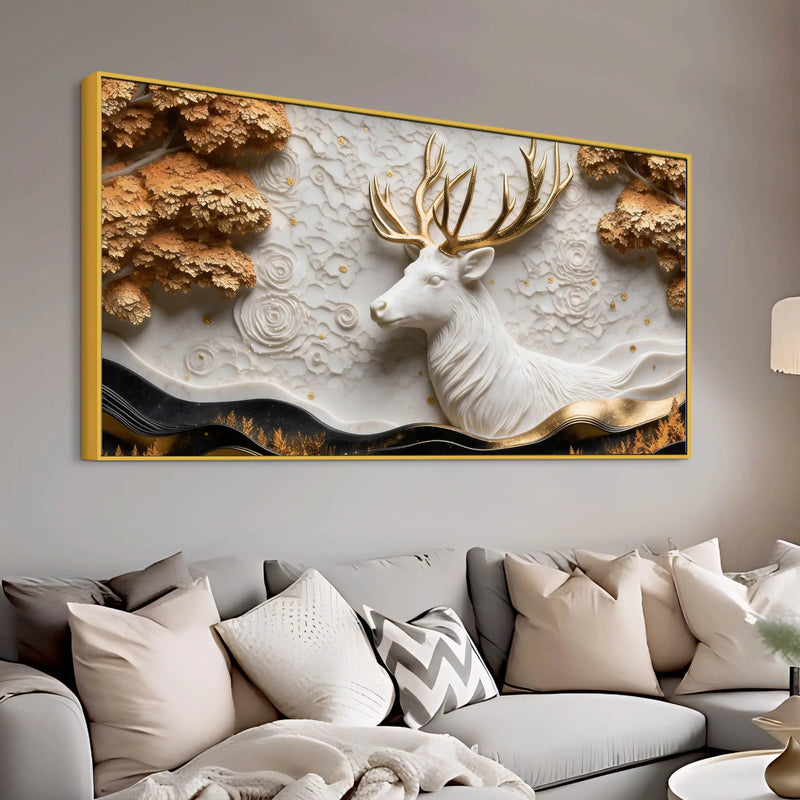 Imperial White Stag with Golden Antlers 3D Canvas Wall Painting