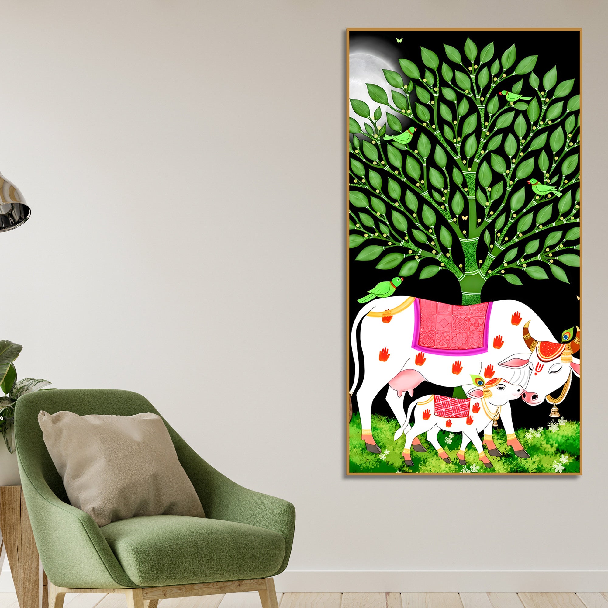 Indian Art Kamdhenu Cow Canvas Wall Painting | Spiritual Home Decor & Gift