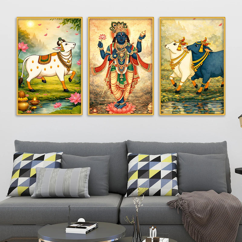Indian Devotional Wall Art Canvas Painting Set of Three
