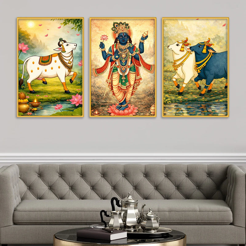 Indian Devotional Wall Art Canvas Painting Set of Three