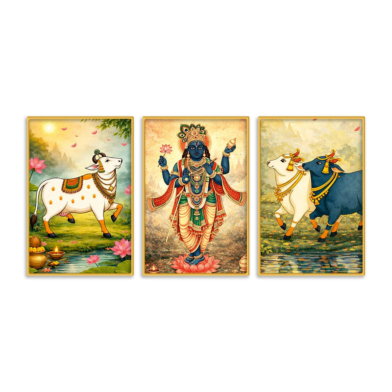 Indian Devotional Wall Art Canvas Painting Set of Three