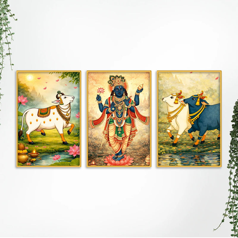 Indian Devotional Wall Art Canvas Painting Set of Three