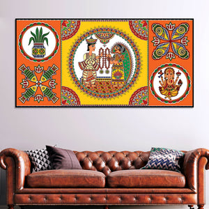 Indian Festive Folk Art Wedding Theme Canvas Wall Painting
