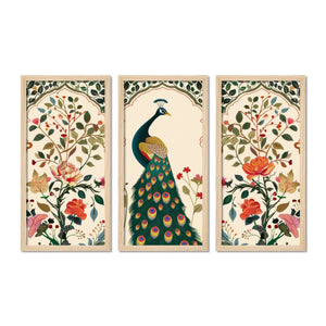 Indian Folk Art Peacock Madhubani Wooden Wall Frame Set of Three