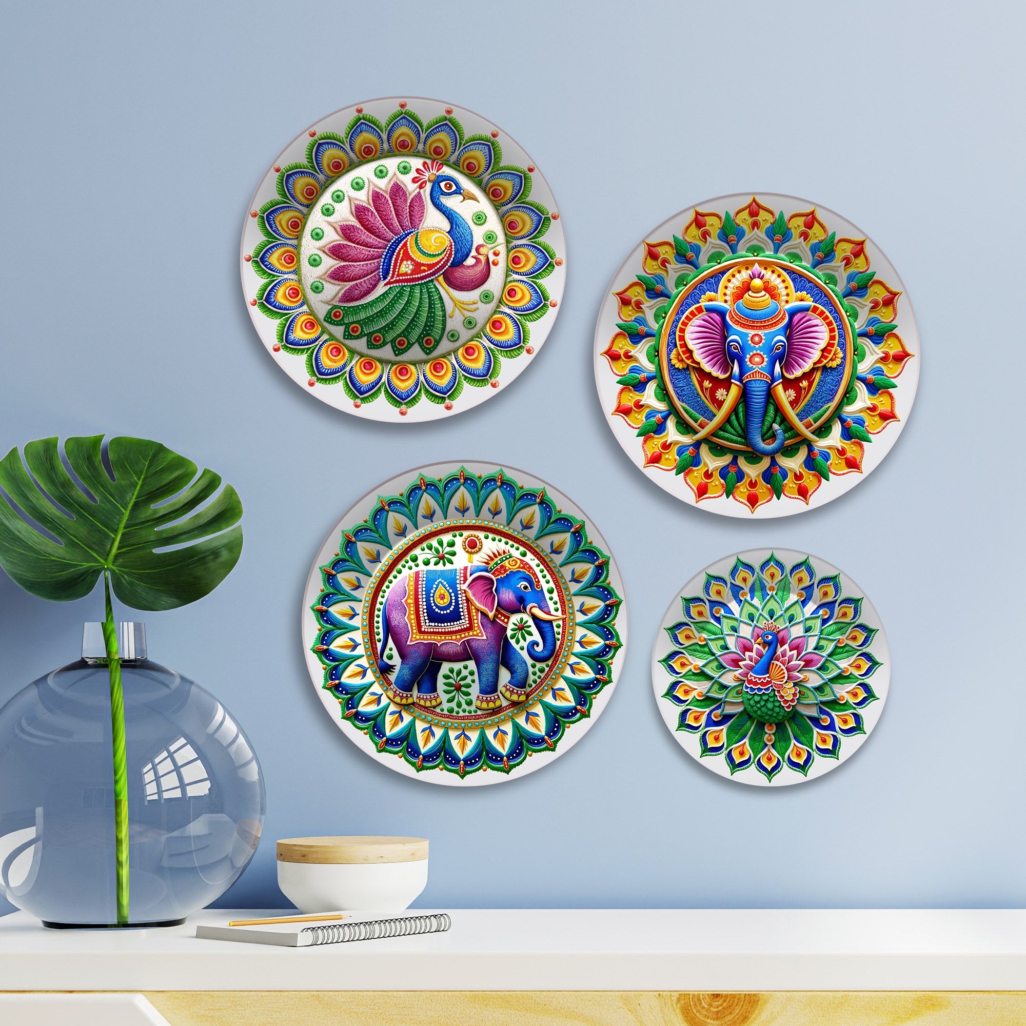 Indian Folk Art with Divine Motifs Premium Wall Plates Painting Set of Four