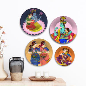 Indian Folk Deity Radha Krishna Premium Wall Plates Painting Set of Four