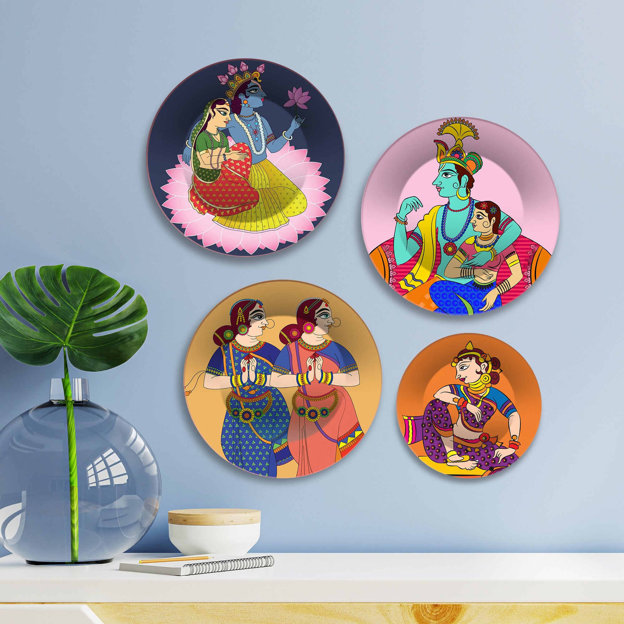 Indian Folk Deity Radha Krishna Premium Wall Plates Painting Set of Four