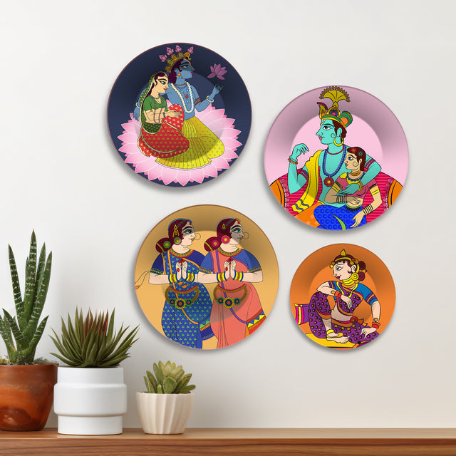 Indian Folk Deity Radha Krishna Premium Wall Plates Painting Set of Four