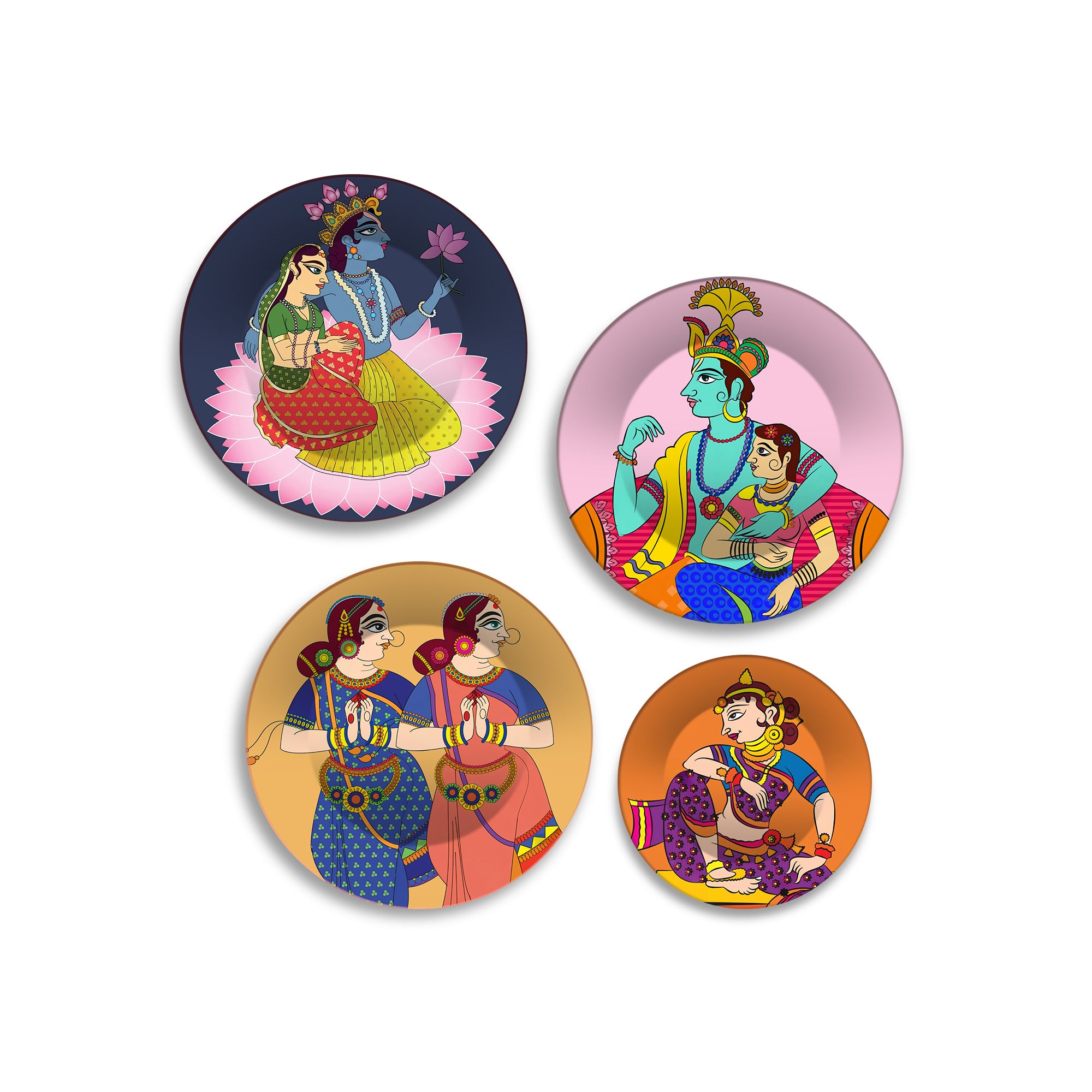 Indian Folk Deity Radha Krishna Premium Wall Plates Painting Set of Four
