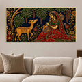 Indian Folk Musician with Deer Embroidery Tanjore Style 3D Canvas Wall Painting