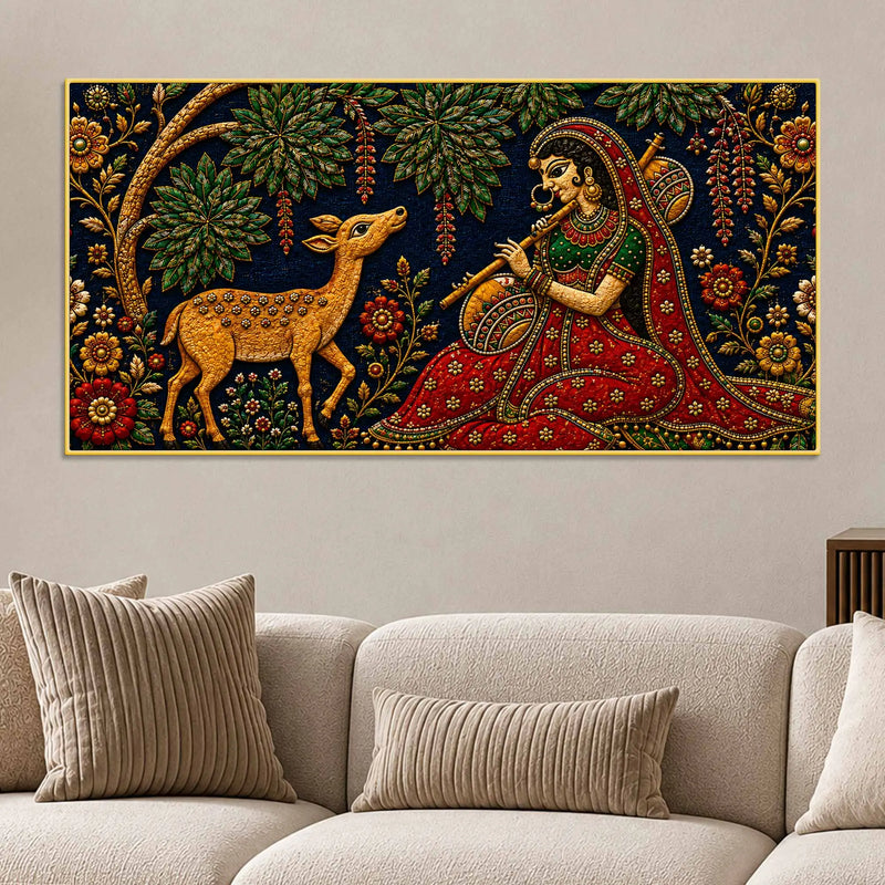Indian Folk Musician with Deer Embroidery Tanjore Style 3D Canvas Wall Painting