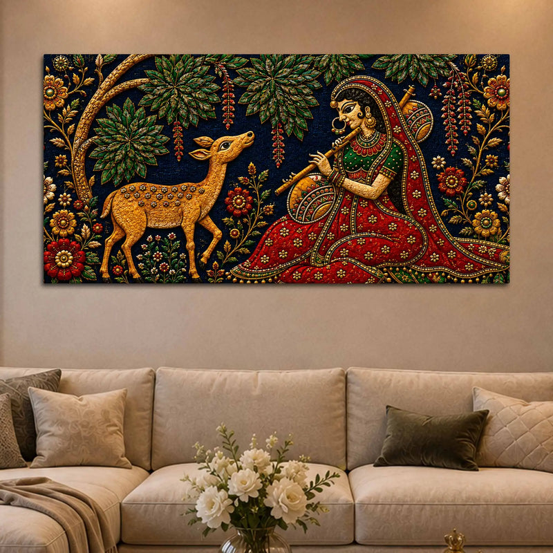 Indian Folk Musician with Deer Embroidery Tanjore Style 3D Canvas Wall Painting