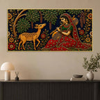 Indian Folk Musician with Deer Embroidery Tanjore Style 3D Canvas Wall Painting