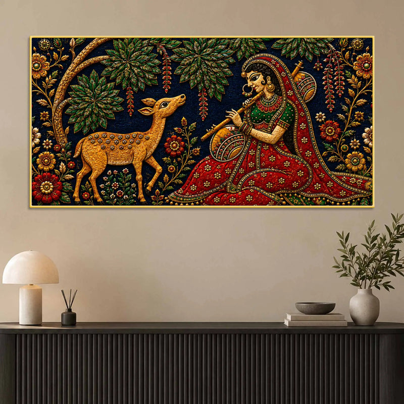 Indian Folk Musician with Deer Embroidery Tanjore Style 3D Canvas Wall Painting
