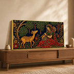 Indian Folk Musician with Deer Embroidery Tanjore Style 3D Canvas Wall Painting