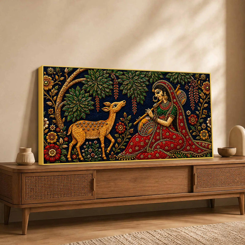 Indian Folk Musician with Deer Embroidery Tanjore Style 3D Canvas Wall Painting